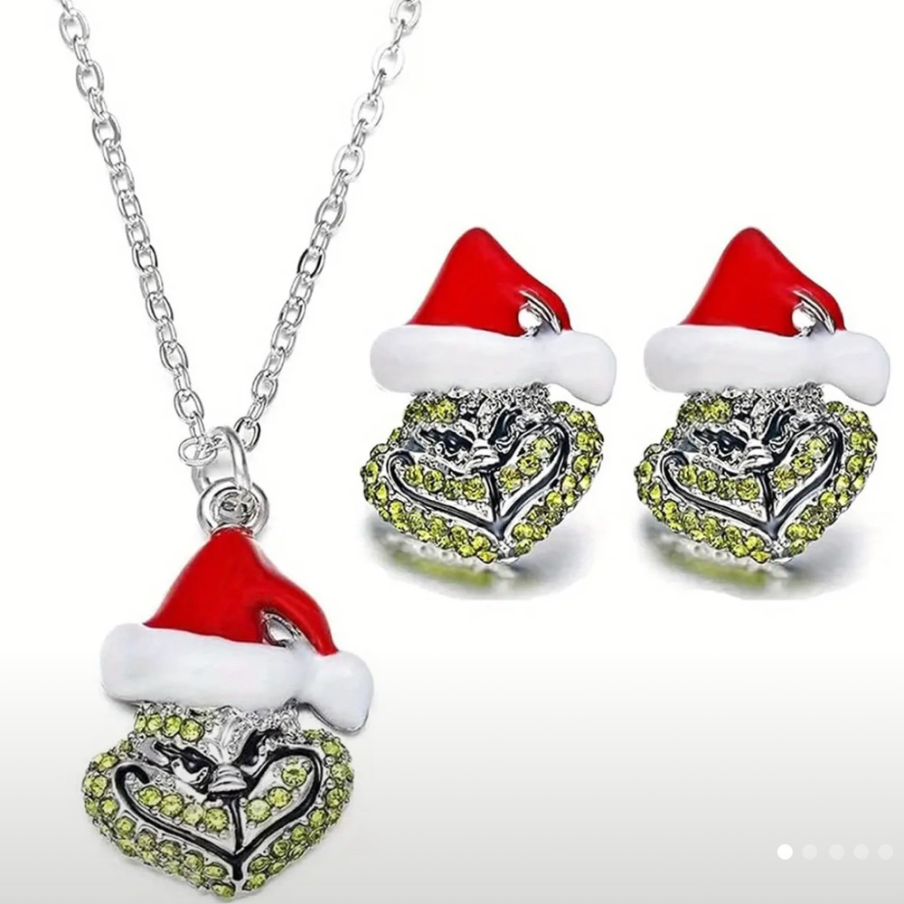 3pcs The Grinch Jewelry Set, Sterling Silver Chain: & Grinch Hat Earrings, NEW